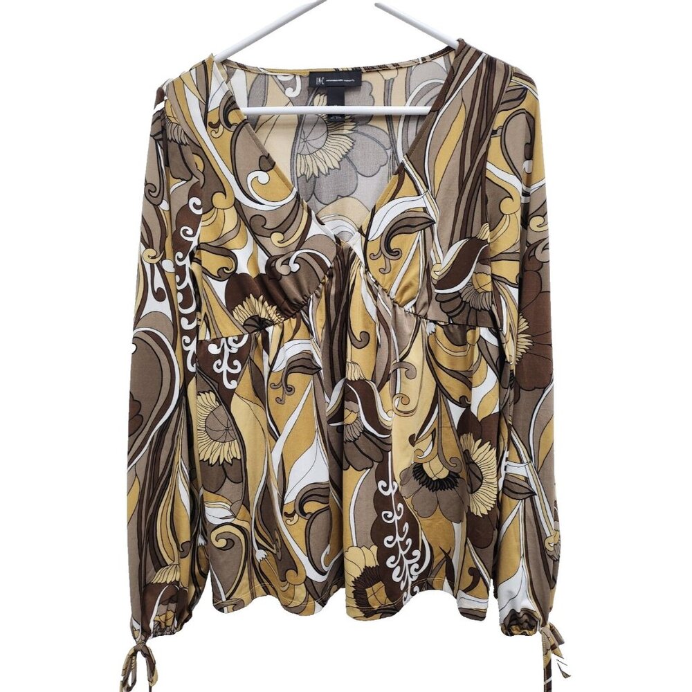 INC International Concepts Womens BOHO Top Medium Brown Paisley Balloon Sleeve